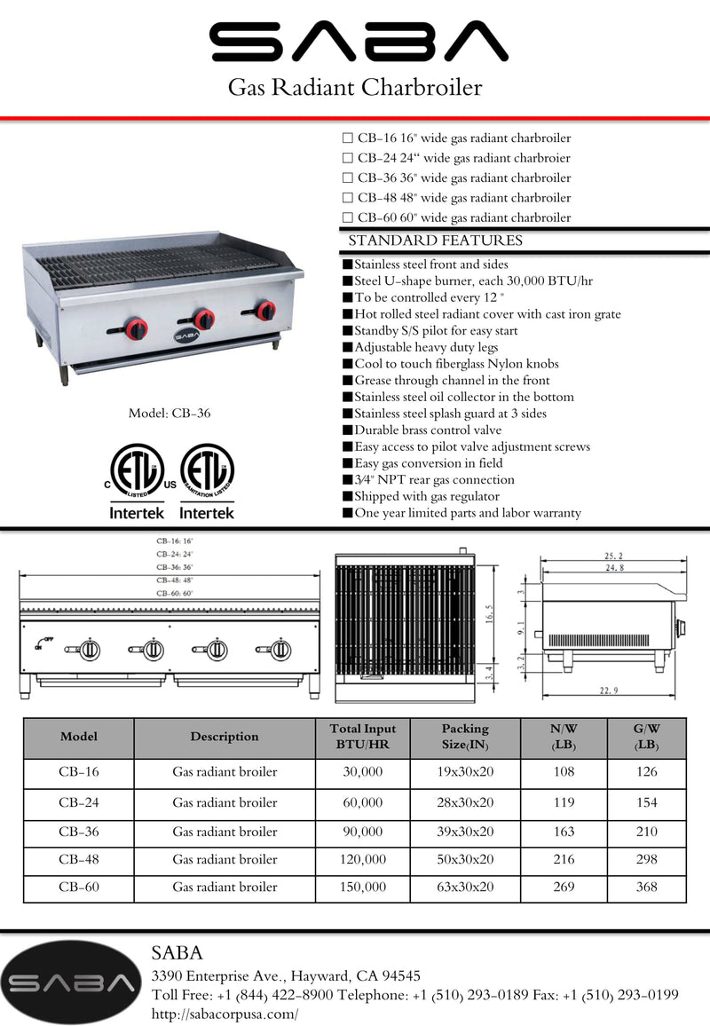 SABA CB-60 - Commercial Gas Radiant Broiler Specs