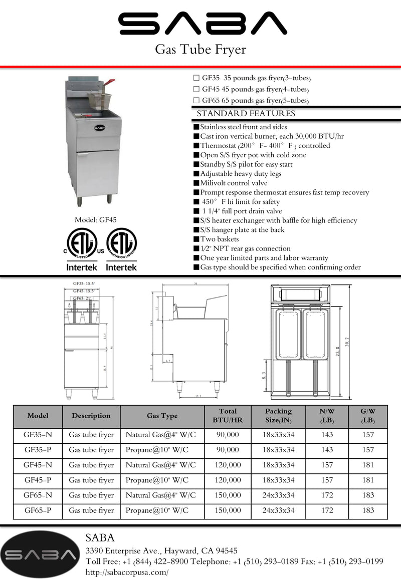 SABA GF45-P - Commercial Gas Fryer (Liquid Propane) Specs