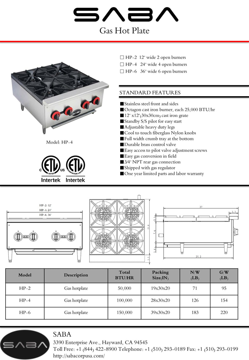 SABA HP-4 - Commercial Gas Hotplate Cooker Specs