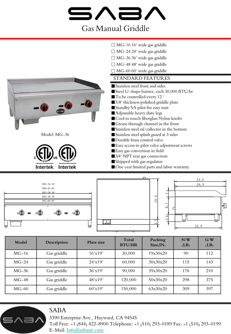 SABA MG-36 - Commercial Manual Griddle Specs