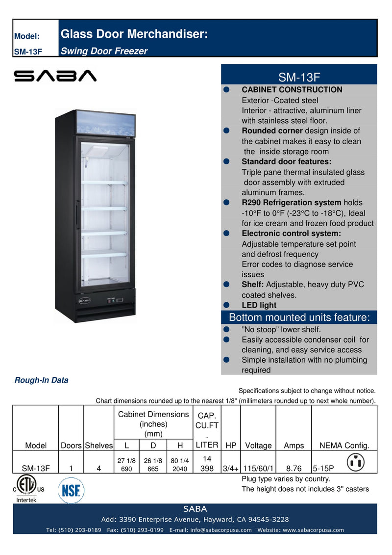 SABA SM-13F - One Glass Door Commercial Merchandiser Freezer Specs