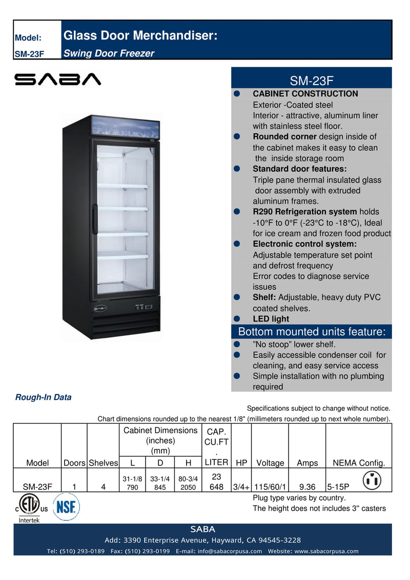 SABA SM-23F - One Glass Door Commercial Merchandiser Freezer Specs