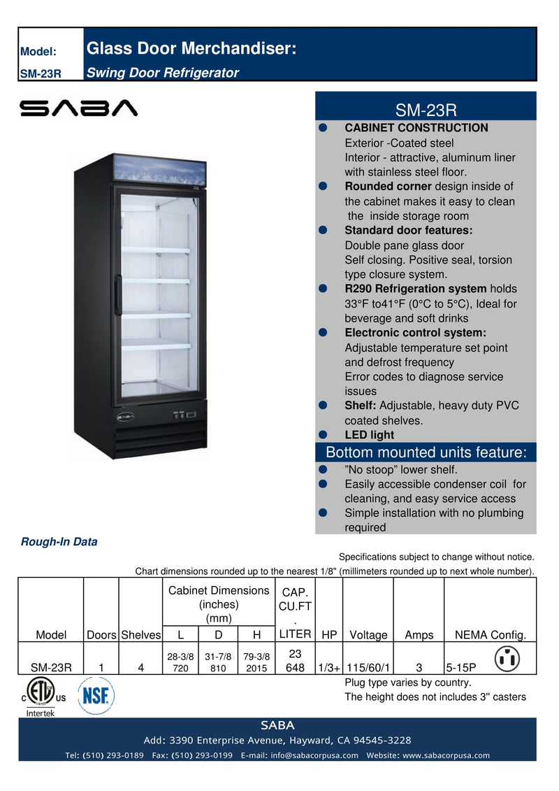 SABA SM-23R - One Glass Door Commercial Merchandiser Cooler Specs