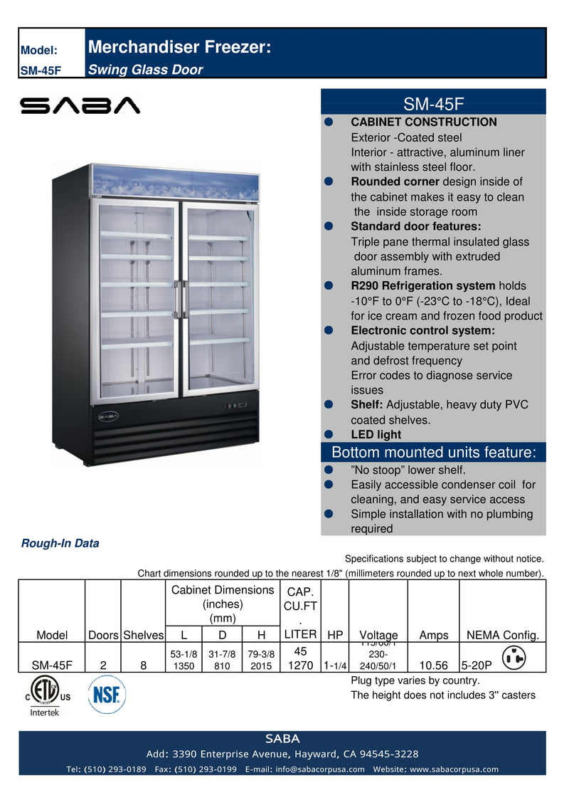 SABA SM-45F - Two Glass Door Commercial Merchandiser Freezer Specs