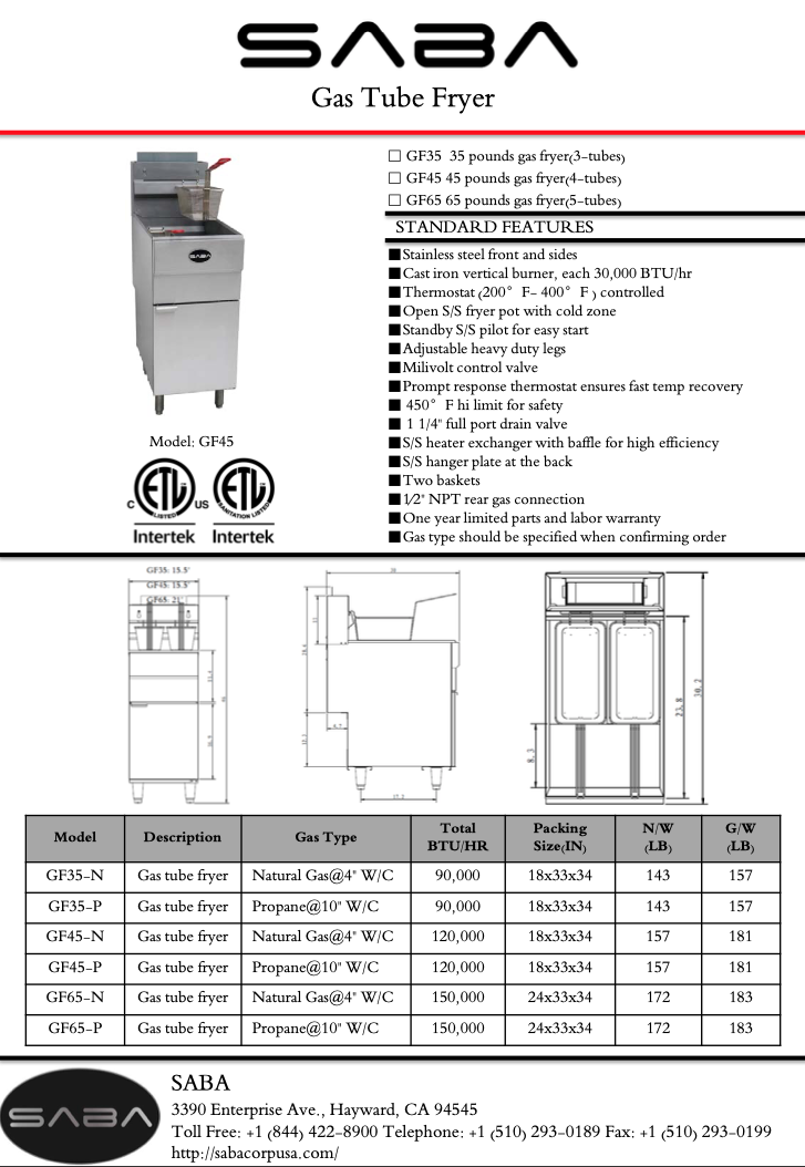 SABA GF45-N - Commercial Gas Fryer (Natural Gas) Specs