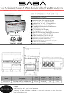 SABA GR60-G24 - Commercial Gas Range (6 Burner) with 24" Gas Griddle & Bottom Oven Specs