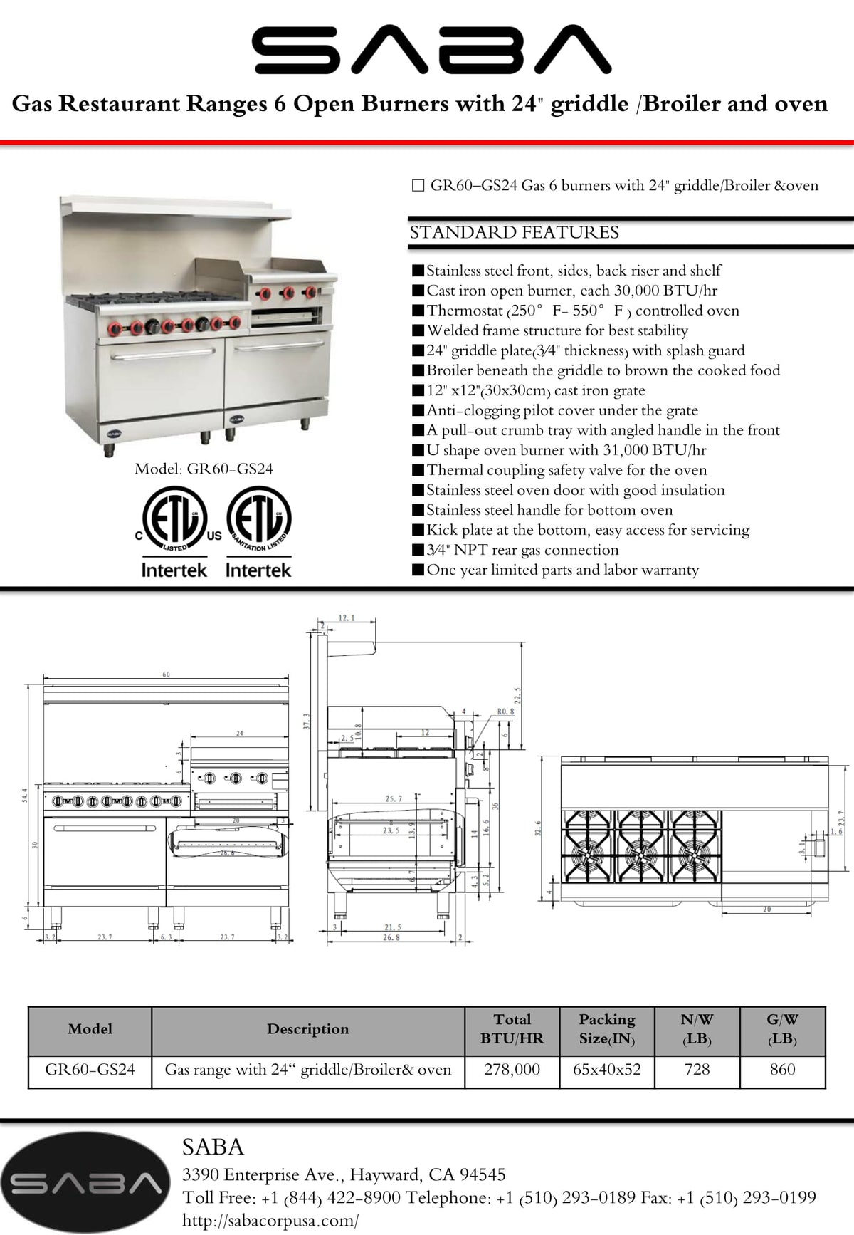 SABA GR60-GS24 - Commercial Gas Range (6 Burner) with 24