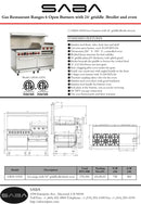 SABA GR60-GS24 - Commercial Gas Range (6 Burner) with 24" Gas Griddle, Broiler & Bottom Oven Specs