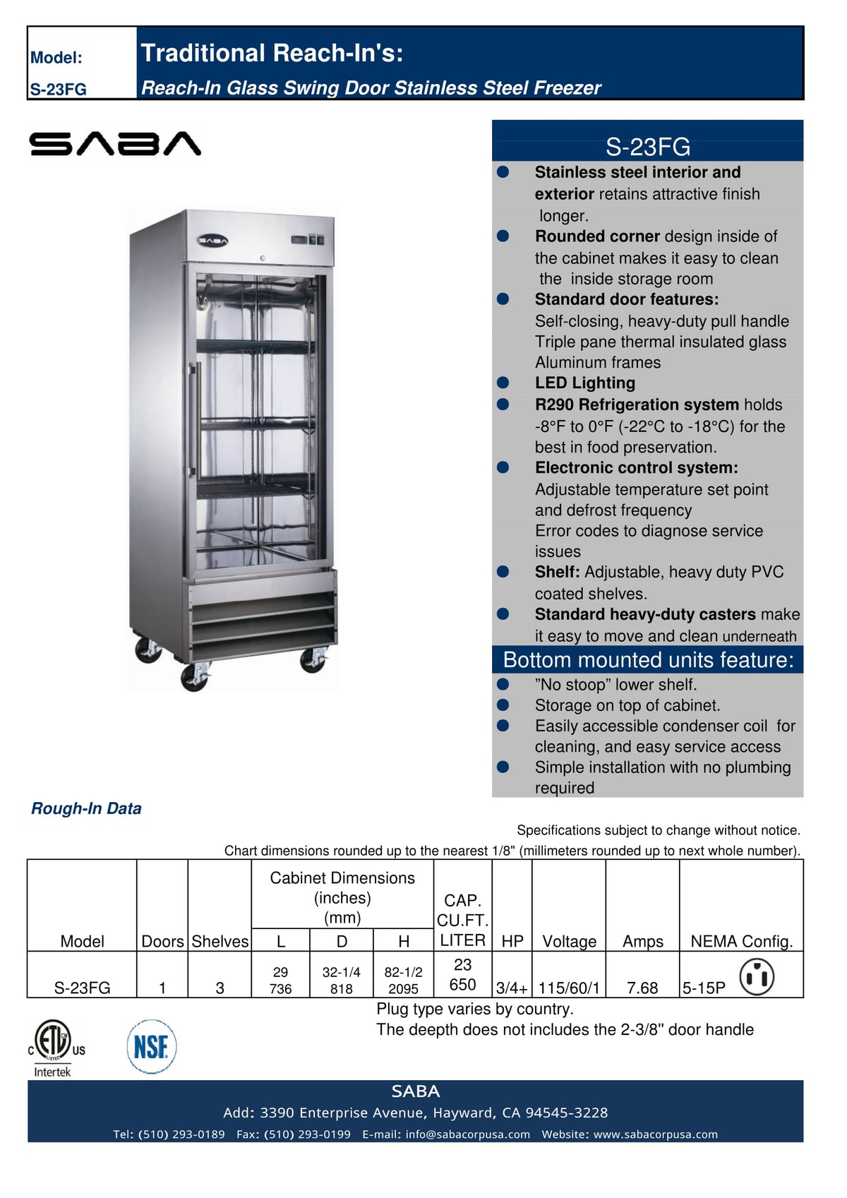 SABA S-23FG - One Glass Door Commercial Reach-In Freezer
