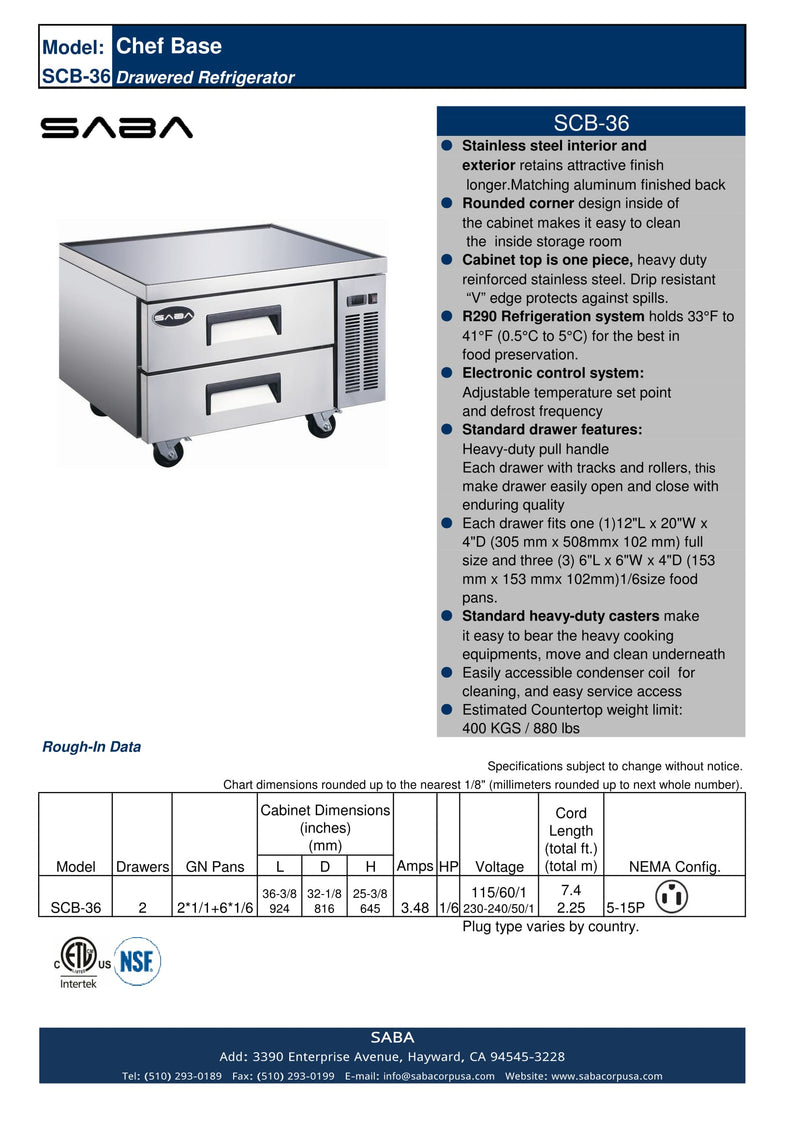 SABA SCB-36 - 36" Two Drawer Commercial Chef Base Cooler Specs