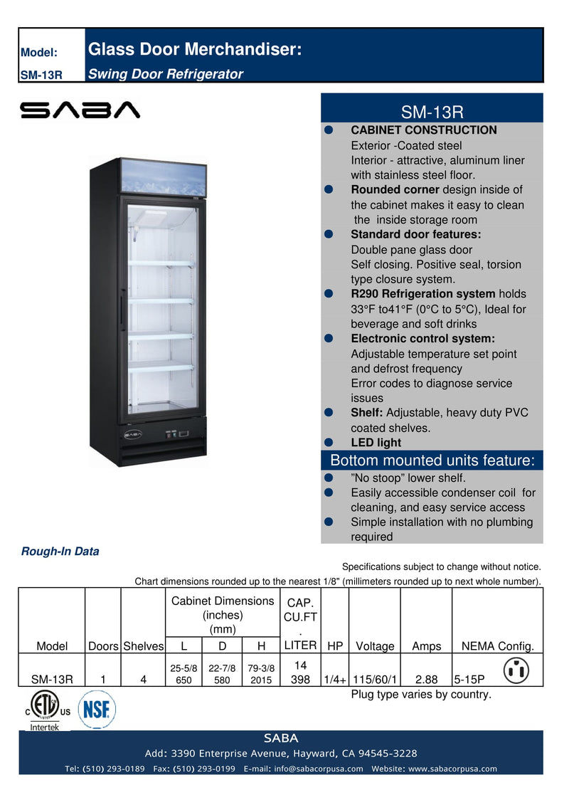SABA SM-13R - One Glass Door Commercial Merchandiser Cooler Specs