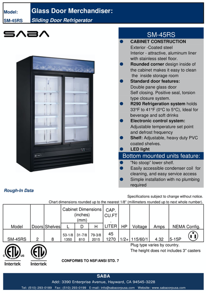 SABA SM-45RS - Two Glass Sliding Door Commercial Merchandiser Cooler Spec Sheet